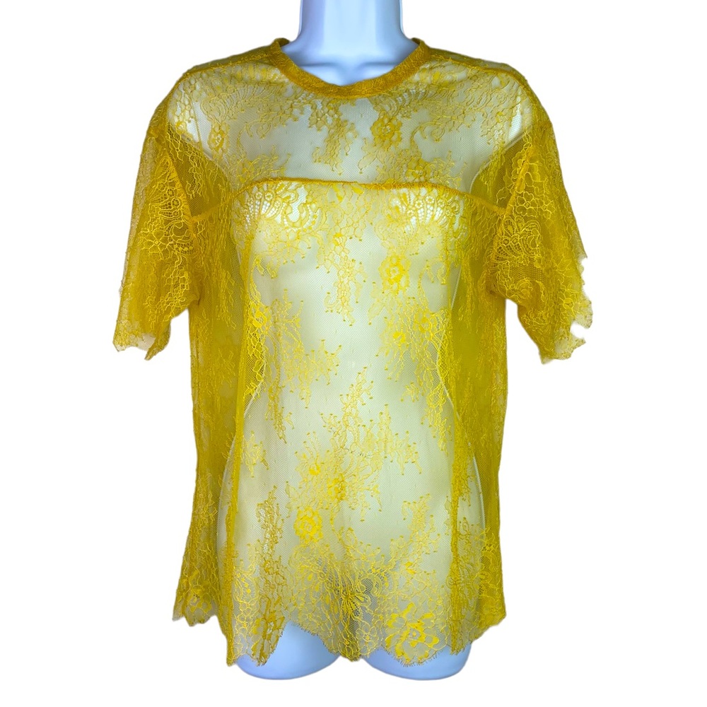Philosophy Di Lorenzo Serafini Top Sheer Lace Yoke Scalloped Edge Yellow Size 8